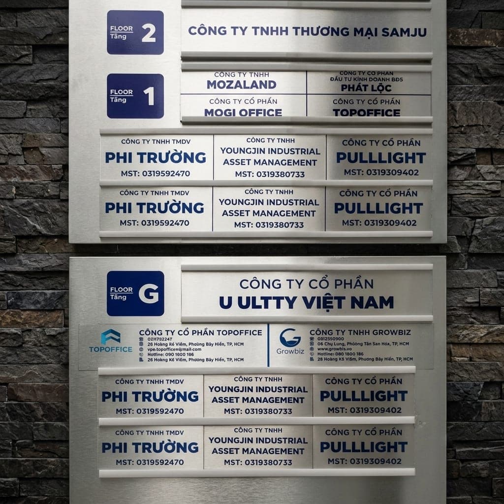 Bảng tên công ty tại toà nhà văn phòng Hoàng Kế Viêm