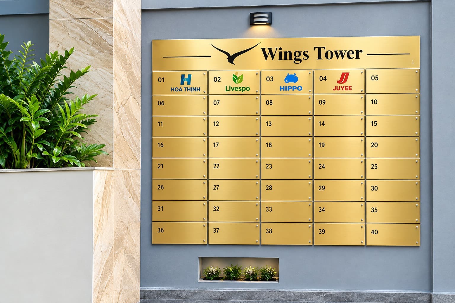 Bảng tên công ty tại toà nhà Wings Tower