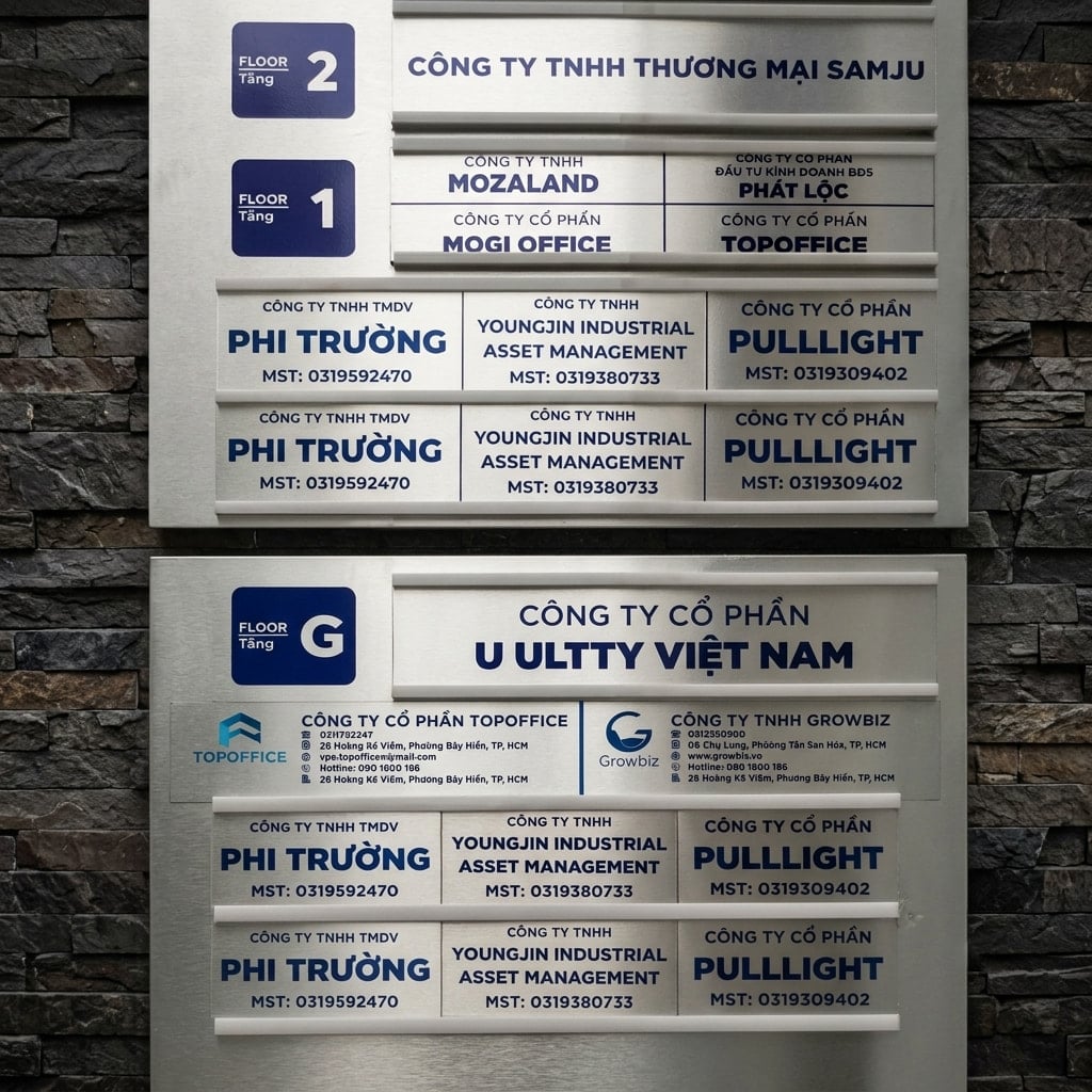 Bảng tên công ty tại toà nhà văn phòng Hoàng Kế Viêm